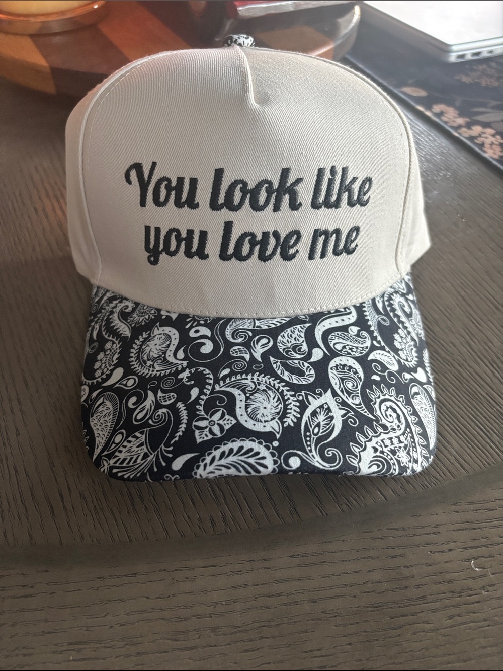 Zenana Outfitters Cream & Black Paisley Embroidered Trucker Hat